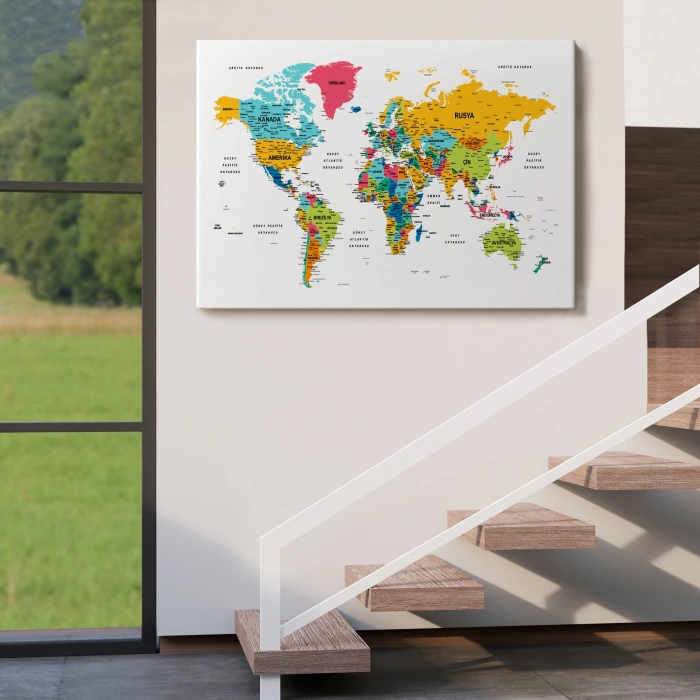 Türkçe Dünya Haritası Dekoratif Kanvas Tablo Son Derece Detaylı 1628