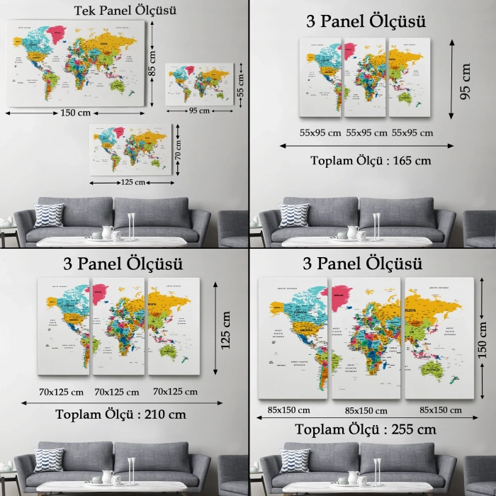 Türkçe Dünya Haritası Dekoratif Kanvas Tablo Son Derece Detaylı 1628