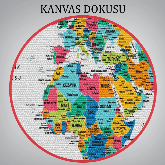 Türkçe Dünya Haritası Dekoratif Kanvas Tablo Son Derece Detaylı 1628