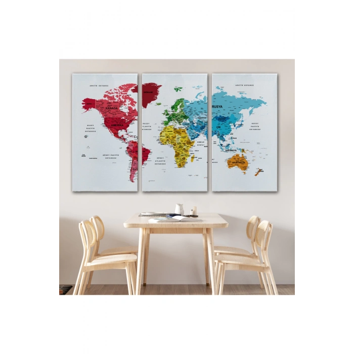 Türkçe Dünya Haritası Dekoratif Kanvas Tablo Son Derece Detaylı 1633