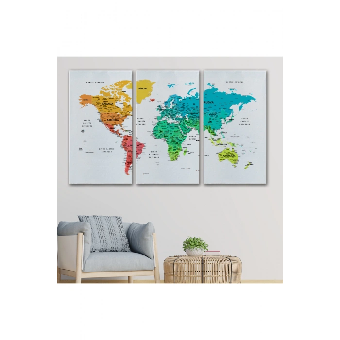 Türkçe Dünya Haritası Dekoratif Kanvas Tablo Son Derece Detaylı 1638