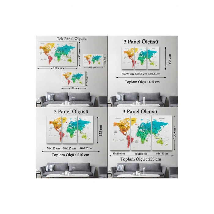 Türkçe Dünya Haritası Dekoratif Kanvas Tablo Son Derece Detaylı 1638