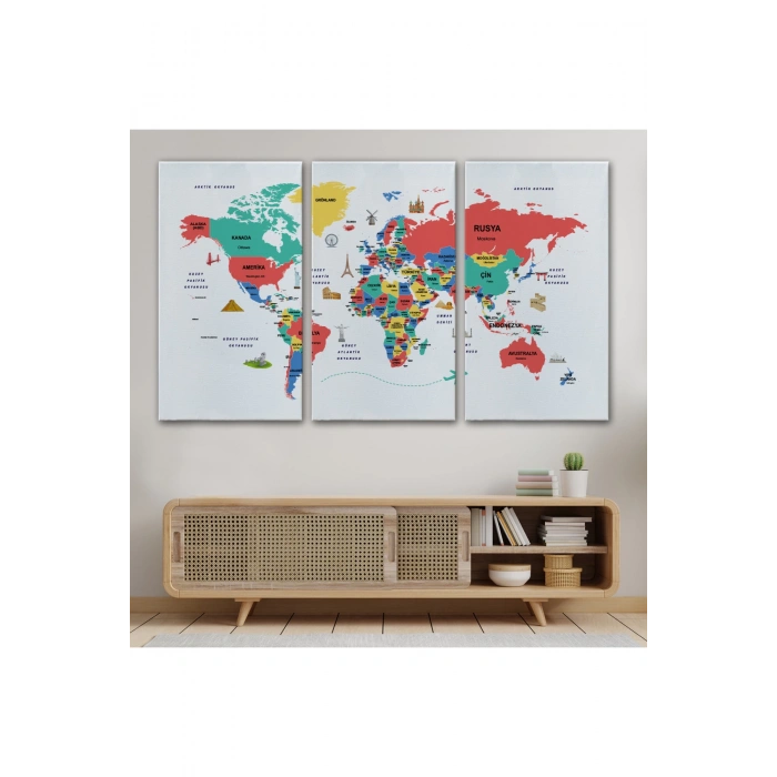 Türkçe Dünya Haritası Dekoratif Kanvas Tablo Ülke-Başkentli Öğretici ve Sembollü 2314