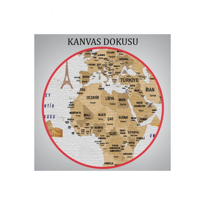 Türkçe Dünya Haritası Dekoratif Kanvas Tablo Ülke-Başkentli Öğretici ve Sembollü 2322