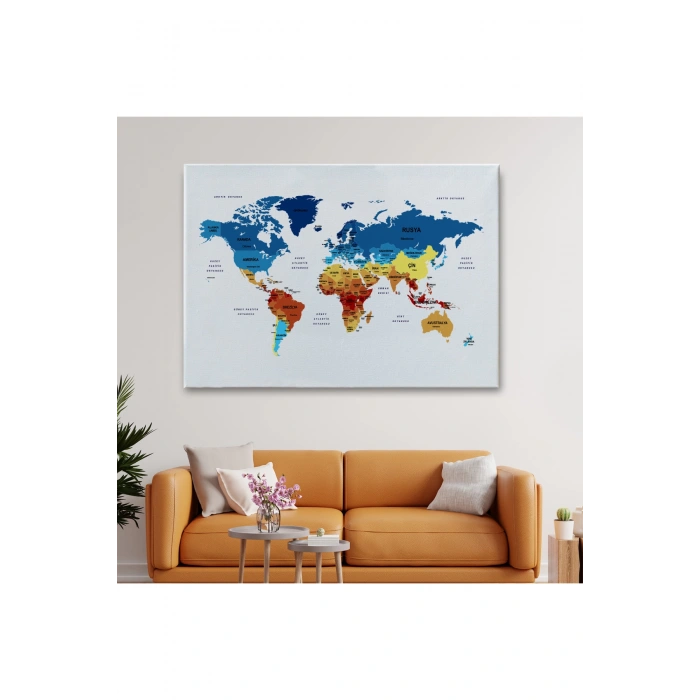 Türkçe Dünya Haritası Dekoratif Kanvas Tablo Ülke ve Başkentli 1492