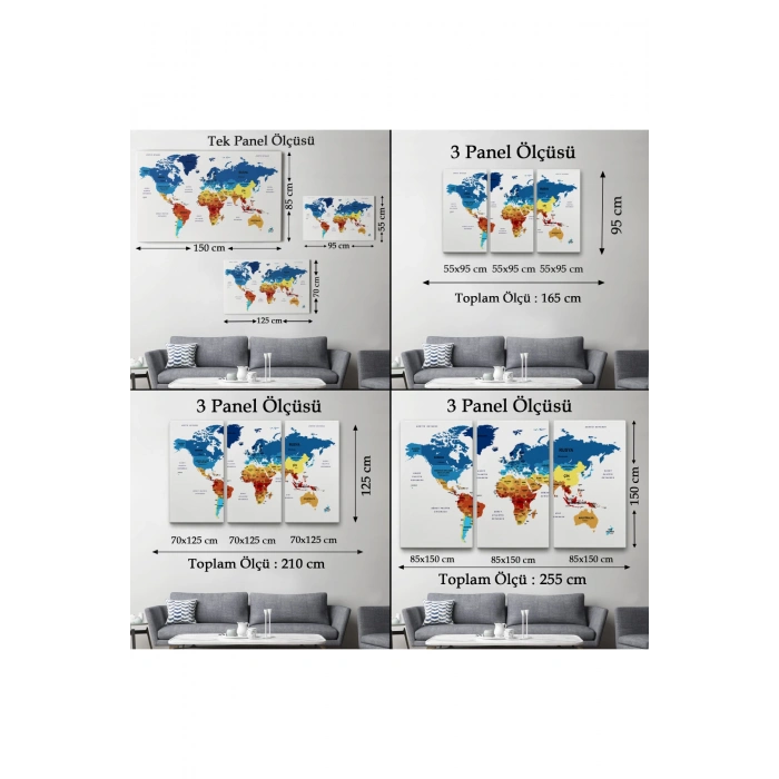 Türkçe Dünya Haritası Dekoratif Kanvas Tablo Ülke ve Başkentli 1492