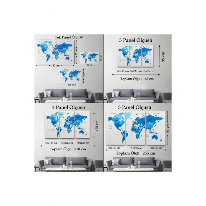 Türkçe Dünya Haritası Dekoratif Kanvas Tablo Ülke ve Başkentli 1500