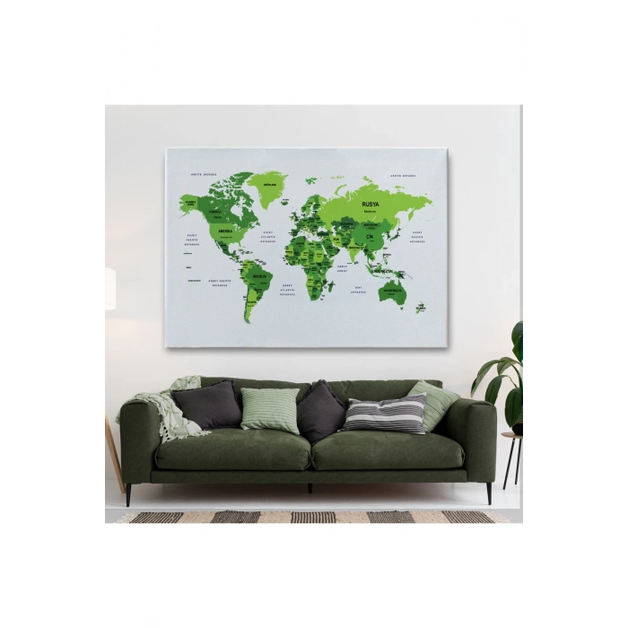 Türkçe Dünya Haritası Dekoratif Kanvas Tablo Ülke ve Başkentli 1510