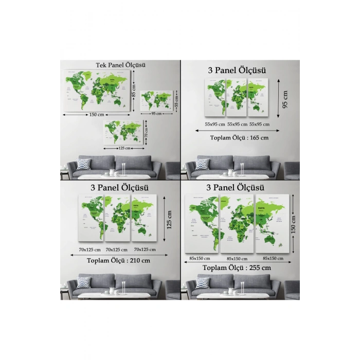 Türkçe Dünya Haritası Dekoratif Kanvas Tablo Ülke ve Başkentli 1510