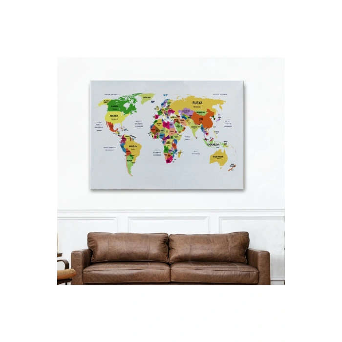Türkçe Dünya Haritası Dekoratif Kanvas Tablo Ülke ve Başkentli 1512