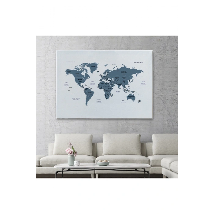 Türkçe Dünya Haritası Dekoratif Kanvas Tablo Ülke ve Başkentli 1514