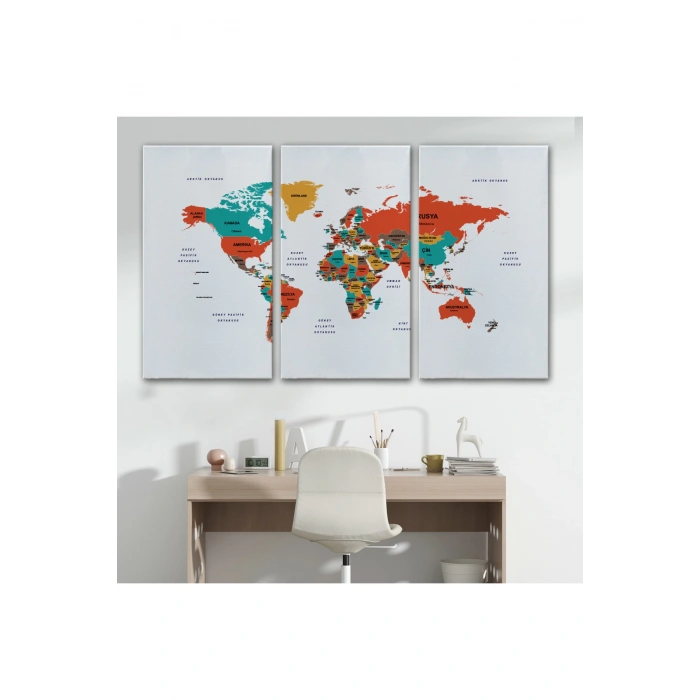 Türkçe Dünya Haritası Dekoratif Kanvas Tablo Ülke ve Başkentli 1516