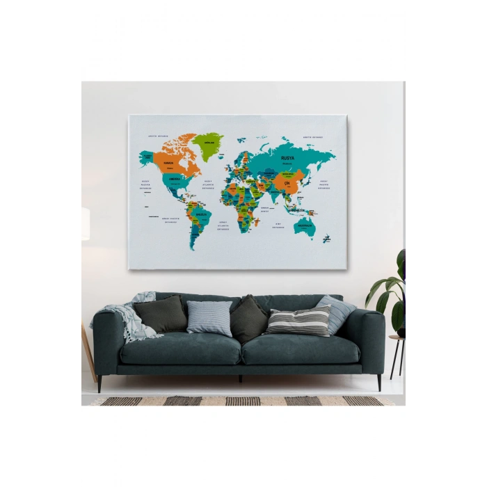 Türkçe Dünya Haritası Dekoratif Kanvas Tablo Ülke ve Başkentli 1530