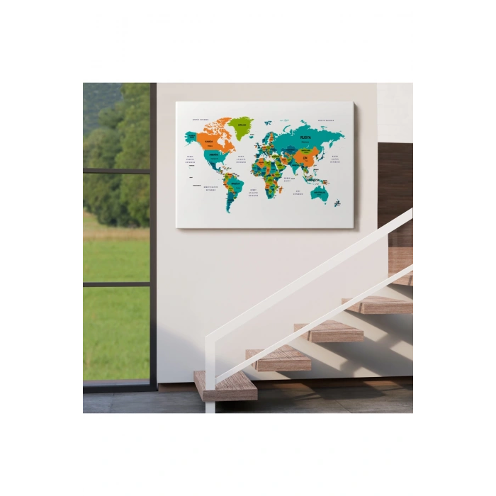 Türkçe Dünya Haritası Dekoratif Kanvas Tablo Ülke ve Başkentli 1530