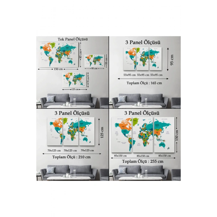 Türkçe Dünya Haritası Dekoratif Kanvas Tablo Ülke ve Başkentli 1530