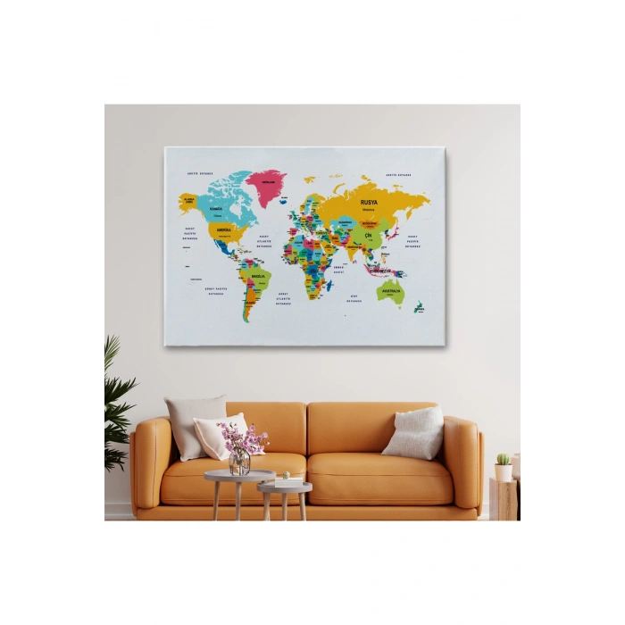 Türkçe Dünya Haritası Dekoratif Kanvas Tablo Ülke ve Başkentli 1542