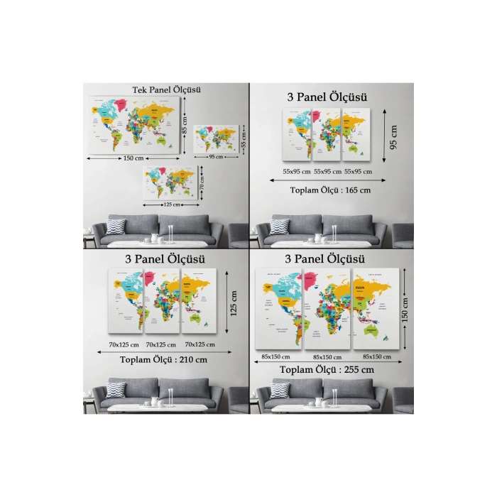 Türkçe Dünya Haritası Dekoratif Kanvas Tablo Ülke ve Başkentli 1542