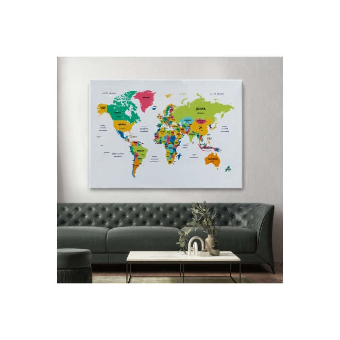 Türkçe Dünya Haritası Dekoratif Kanvas Tablo Ülke ve Başkentli 1544