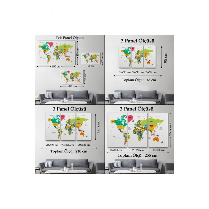 Türkçe Dünya Haritası Dekoratif Kanvas Tablo Ülke ve Başkentli 1544