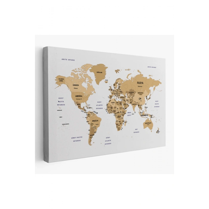 Türkçe Dünya Haritası Dekoratif Kanvas Tablo Ülke ve Başkentli 1548