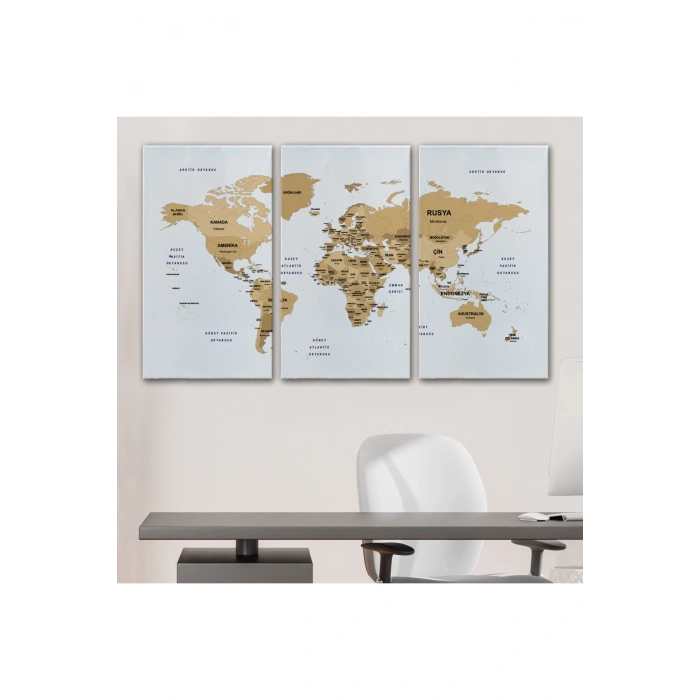 Türkçe Dünya Haritası Dekoratif Kanvas Tablo Ülke ve Başkentli 1548