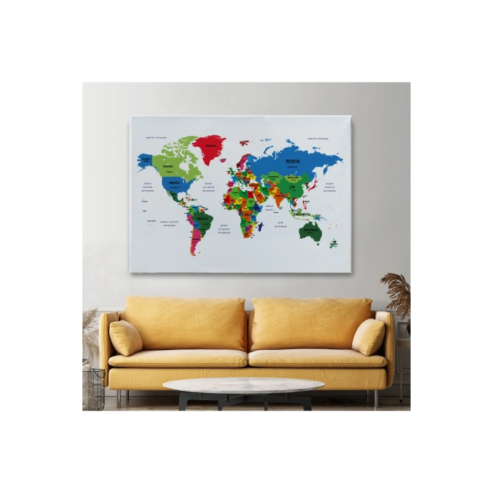 Türkçe Dünya Haritası Dekoratif Kanvas Tablo Ülke ve Başkentli 1556
