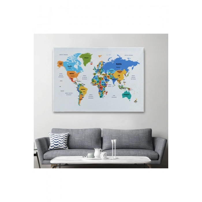 Türkçe Dünya Haritası Dekoratif Kanvas Tablo Ülke ve Başkentli 1560
