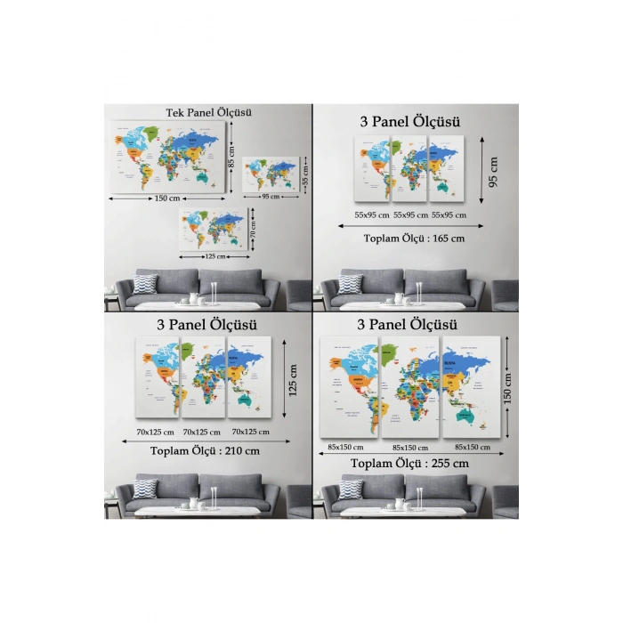 Türkçe Dünya Haritası Dekoratif Kanvas Tablo Ülke ve Başkentli 1560