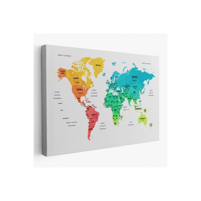Türkçe Dünya Haritası Dekoratif Kanvas Tablo Ülke ve Başkentli 1562