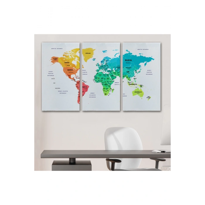 Türkçe Dünya Haritası Dekoratif Kanvas Tablo Ülke ve Başkentli 1562