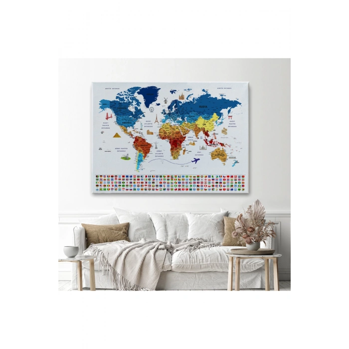 Türkçe Dünya Haritası Eğitici-Öğretici Sembollü Bayraklı Dekoratif Kanvas Tablo 2820