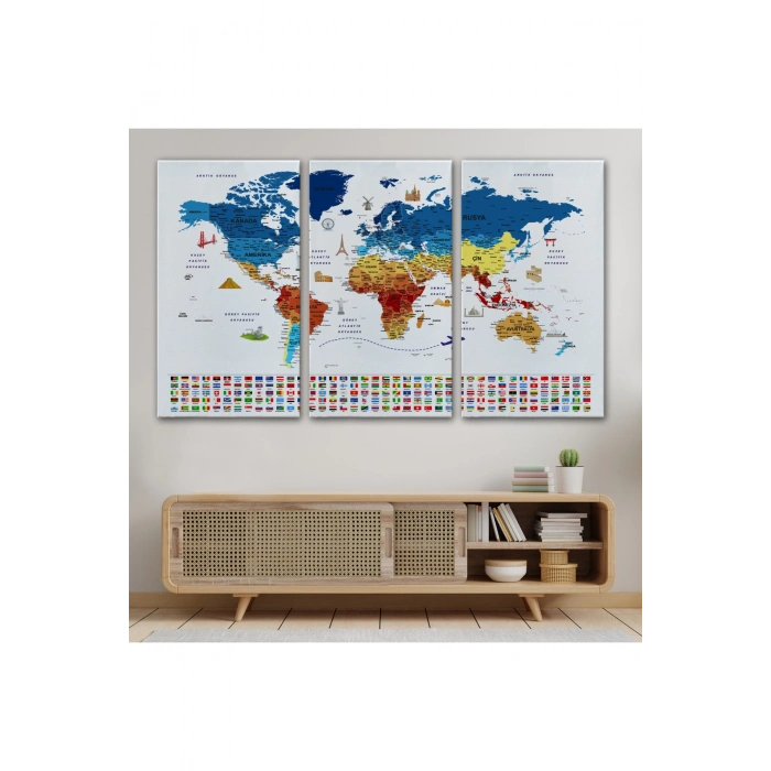 Türkçe Dünya Haritası Eğitici-Öğretici Sembollü Bayraklı Dekoratif Kanvas Tablo 2820