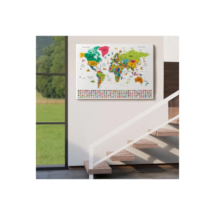 Türkçe Dünya Haritası Eğitici-Öğretici Sembollü Bayraklı Dekoratif Kanvas Tablo 2870