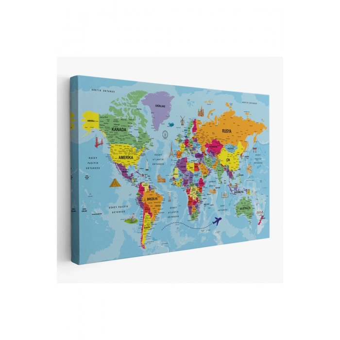 Türkçe Dünya Haritası Kanvas Tablo Son Derece Detaylı ve Dekoratif-1989
