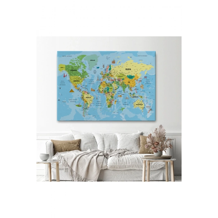 Türkçe Dünya Haritası Kanvas Tablo Son Derece Detaylı ve Dekoratif-1991