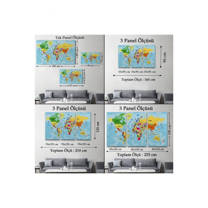 Türkçe Dünya Haritası Kanvas Tablo Son Derece Detaylı ve Dekoratif-1995