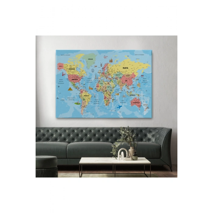 Türkçe Dünya Haritası Kanvas Tablo Son Derece Detaylı ve Dekoratif-2018