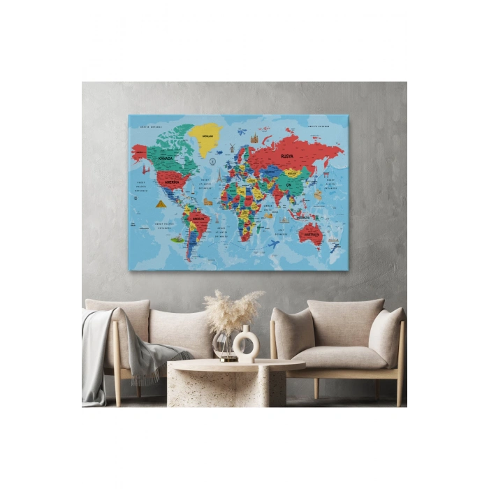 Türkçe Dünya Haritası Kanvas Tablo Son Derece Detaylı ve Dekoratif-2020