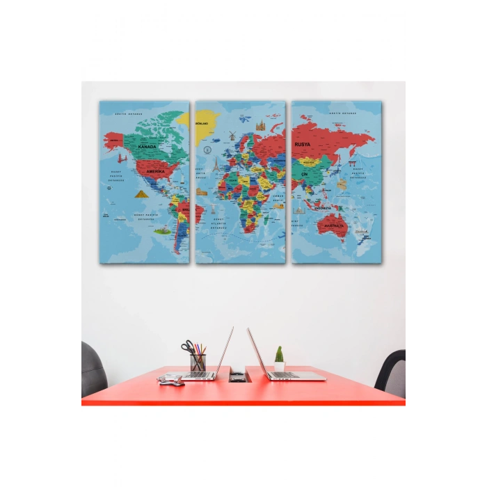 Türkçe Dünya Haritası Kanvas Tablo Son Derece Detaylı ve Dekoratif-2020