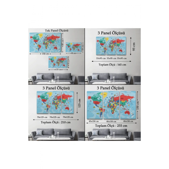 Türkçe Dünya Haritası Kanvas Tablo Son Derece Detaylı ve Dekoratif-2020