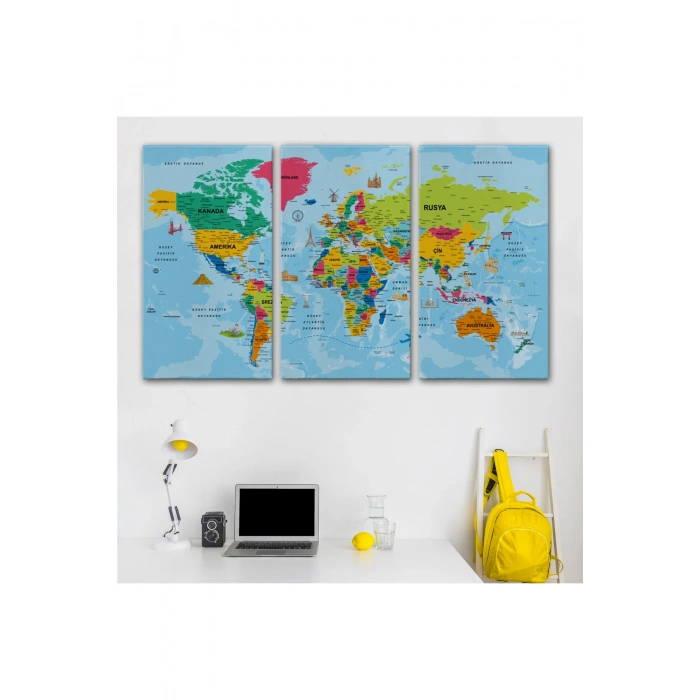 Türkçe Dünya Haritası Kanvas Tablo Son Derece Detaylı ve Dekoratif-2024