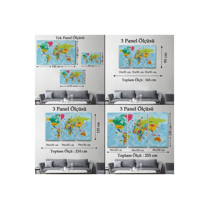 Türkçe Dünya Haritası Kanvas Tablo Son Derece Detaylı ve Dekoratif-2024