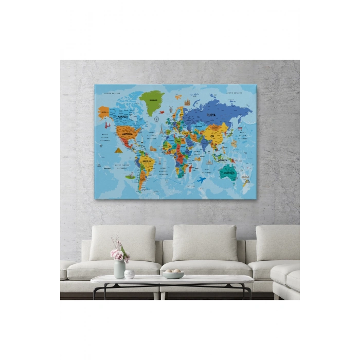 Türkçe Dünya Haritası Kanvas Tablo Son Derece Detaylı ve Dekoratif-2040