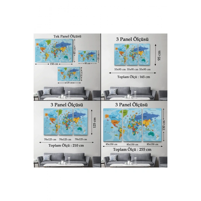 Türkçe Dünya Haritası Kanvas Tablo Son Derece Detaylı ve Dekoratif-2040