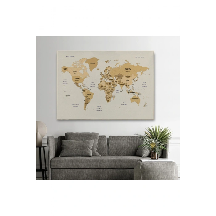 Türkçe Dünya Haritası Kanvas Tablo  Ülke Başkent Detaylı ve Dekoratif 2618