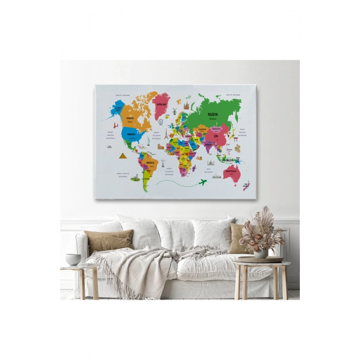 Türkçe Dünya Haritası Kanvas Tablo Ülke-Başkentli Öğretici ve Sembollü 2272