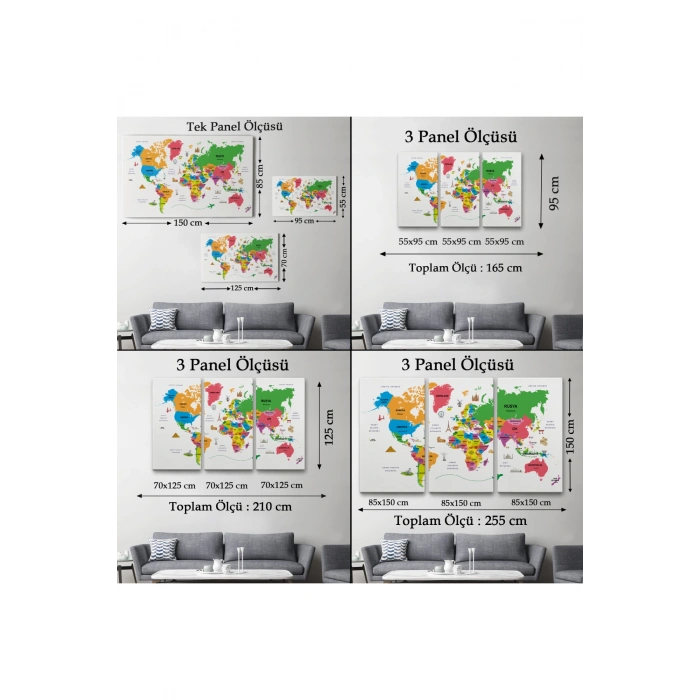 Türkçe Dünya Haritası Kanvas Tablo Ülke-Başkentli Öğretici ve Sembollü 2272