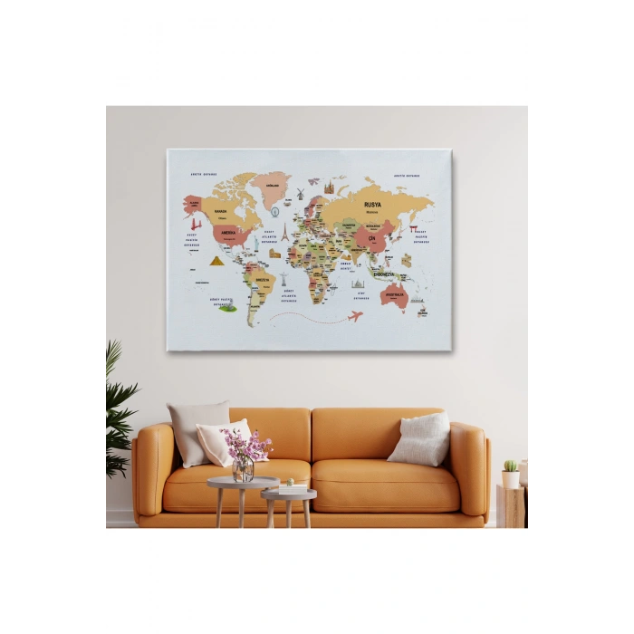 Türkçe Dünya Haritası Kanvas Tablo Ülke-Başkentli Öğretici ve Sembollü 2308