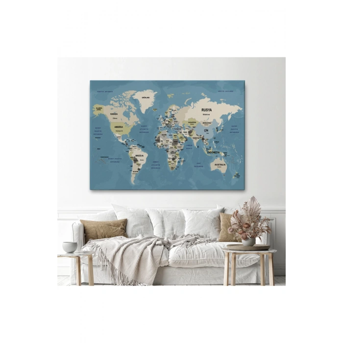 Türkçe Dünya Haritası Kanvas Tablo  Ülke Başkentli ve Okyanus Detaylı Tablo 2742