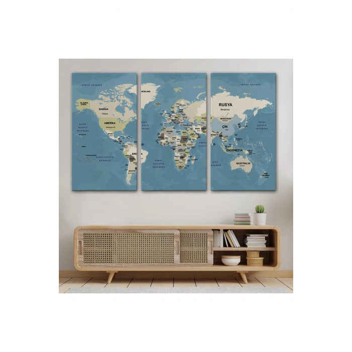Türkçe Dünya Haritası Kanvas Tablo  Ülke Başkentli ve Okyanus Detaylı Tablo 2742